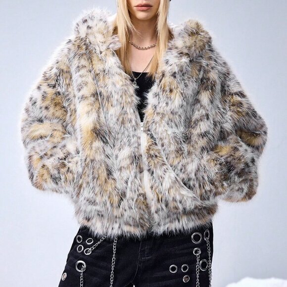 Multicolor Casual Women's Grunge Punk Ombre Polka Dot Faux Fur Hooded Cardigan - Picture 5 of 8